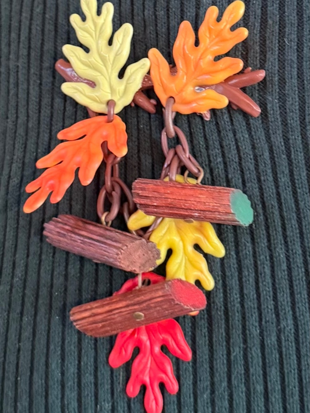 Vintage 1950s Mid-Century Dangling Brooch Featuring Oak Leaves and a CarvedLog